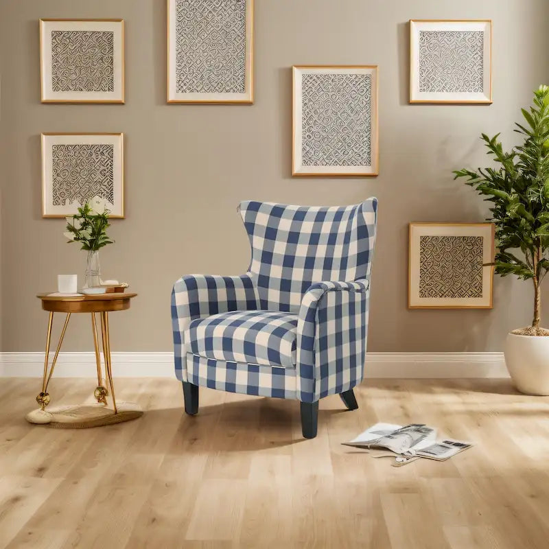 Moderner Retro-Polstersessel mit hoher Rückenlehne, 30.25 hoch, mit Holzbeinen fürs Wohnzimmer