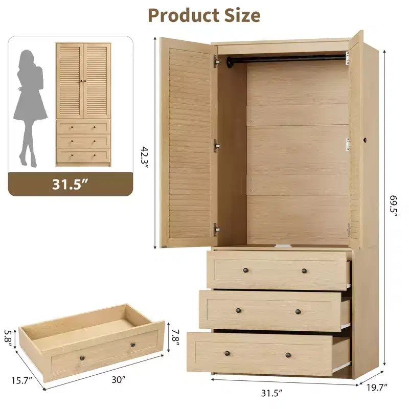 Armoire COZONY avec 3 tiroirs et 2 portes, armoire moderne en bois pour chambre, armoire blanche autoportante robuste