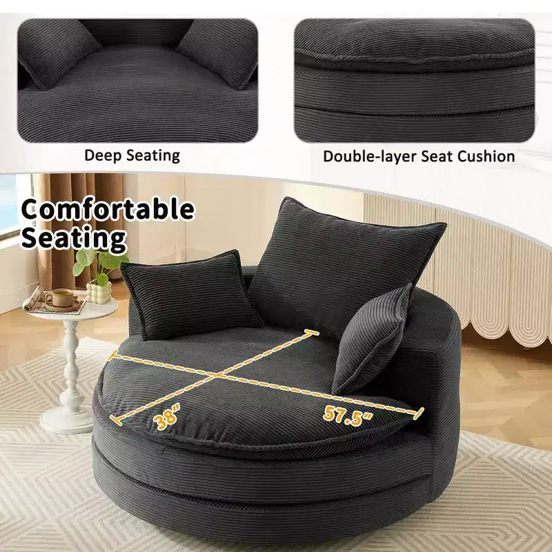 Fauteuil d’appoint pivotant à 360°, fauteuil tonneau rond pivotant avec coussin pour le salon