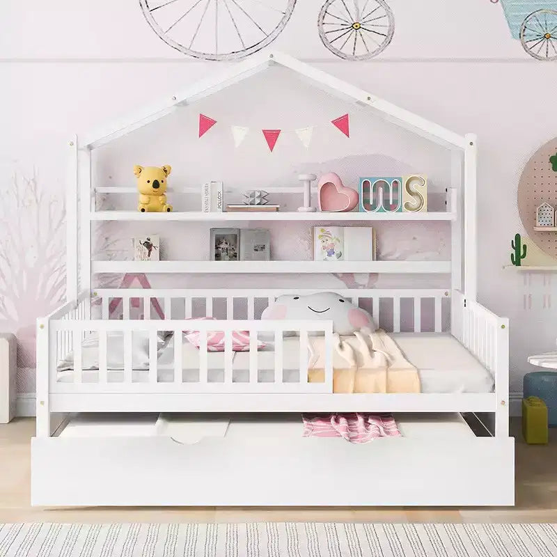 Acekool Hausbettgestell in Doppelbettgröße mit ausziehbarem Einzelbett, Schubladen und Ablagen, Dach und Zaun, Kinder-Platformbett, weiß