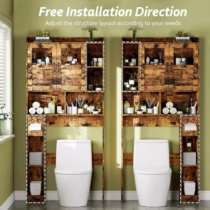 Mobile contenitore sopra il WC - 67.4 H, organizer e contenitore da bagno in stile rustico con ripiano regolabile e anta in vetro per bagno e lavanderia