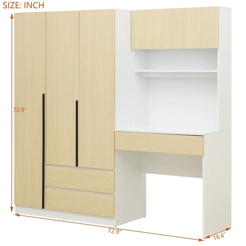 Armoire 3-en-1 avec coiffeuse et bureau, armoire de chambre avec 2 tiroirs et 3 portes de rangement