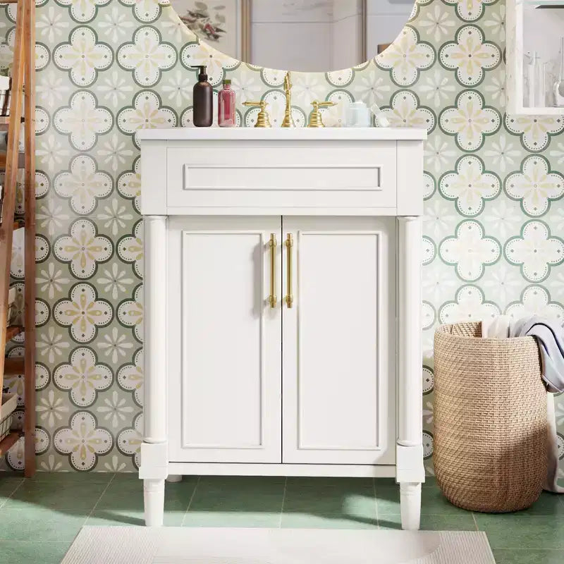 Meuble-lavabo de salle de bains 24 avec lavabo en céramique, meuble de style Shaker, 2 portes à fermeture amortie, structure en bois massif pour petite salle de bains ou salle d'eau