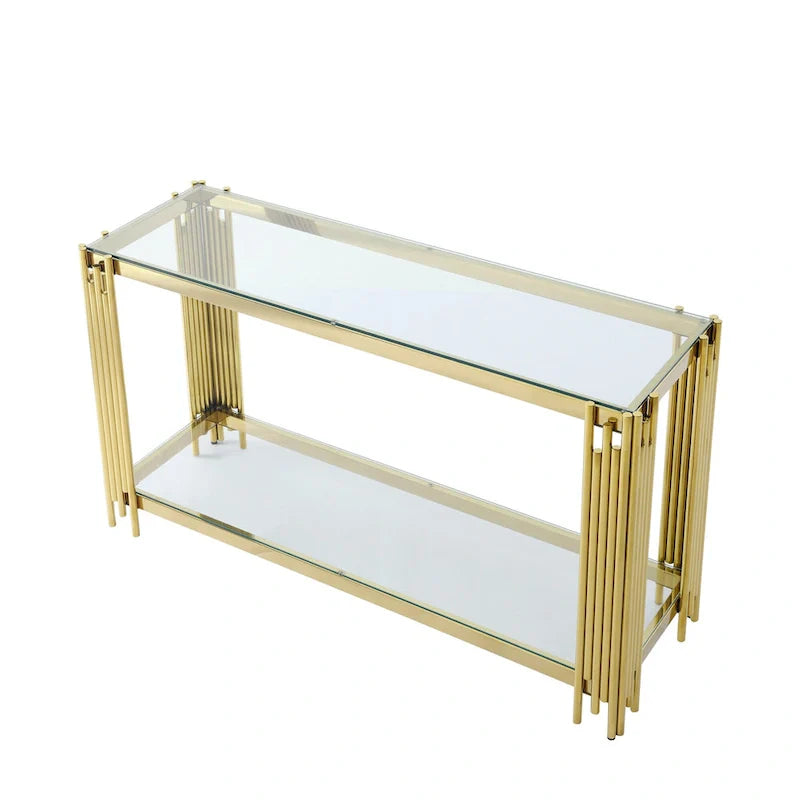 Table console étroite à 2 niveaux avec structure métallique finition or et plateau en verre trempé