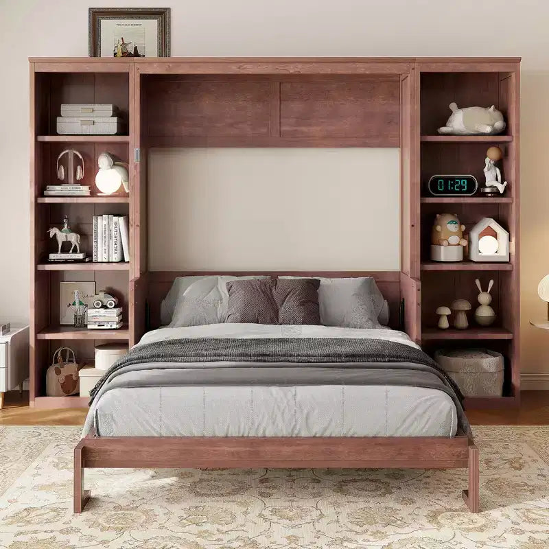 Letto a scomparsa matrimoniale con scrivania e libreria, salvaspazio, marrone scuro - ModernLuxe