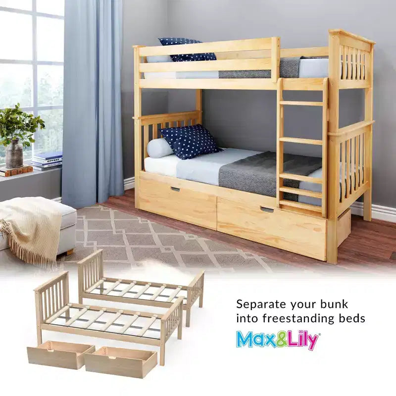 Letto a castello in legno massello per bambini, con due letti singoli sovrapposti e cassetti contenitori sotto il letto