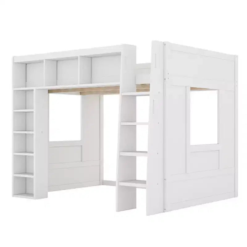 Struttura letto a soppalco in legno Whisen Queen Size con armadietti e ripiani contenitori