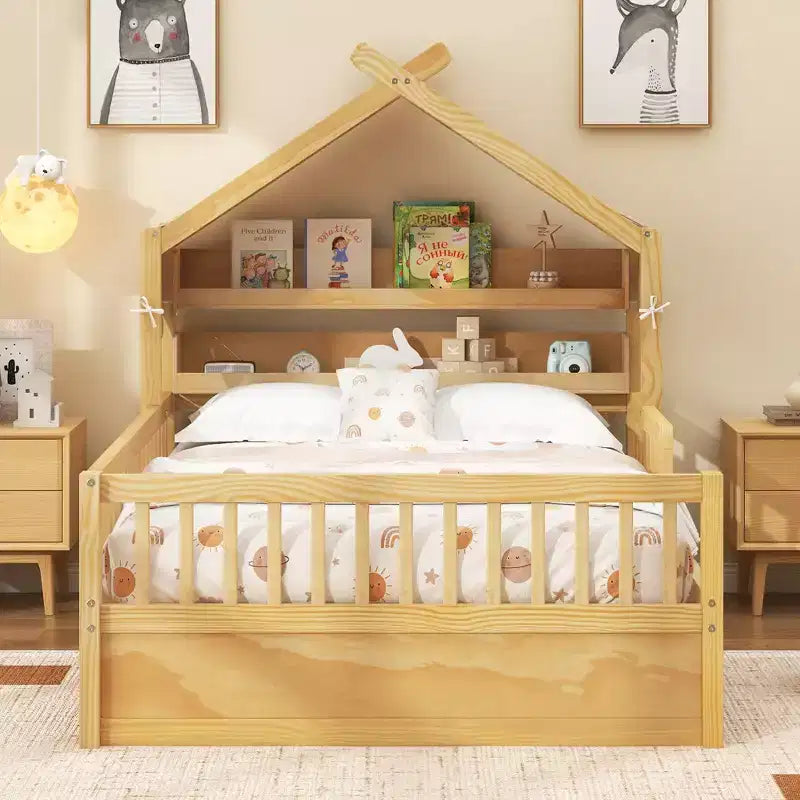 ModernLuxe houten huisbed in twin-/full-size met opbergvak in het hoofdbord, bedframe van massief grenenhout voor kinderen met veiligheidsleuningen