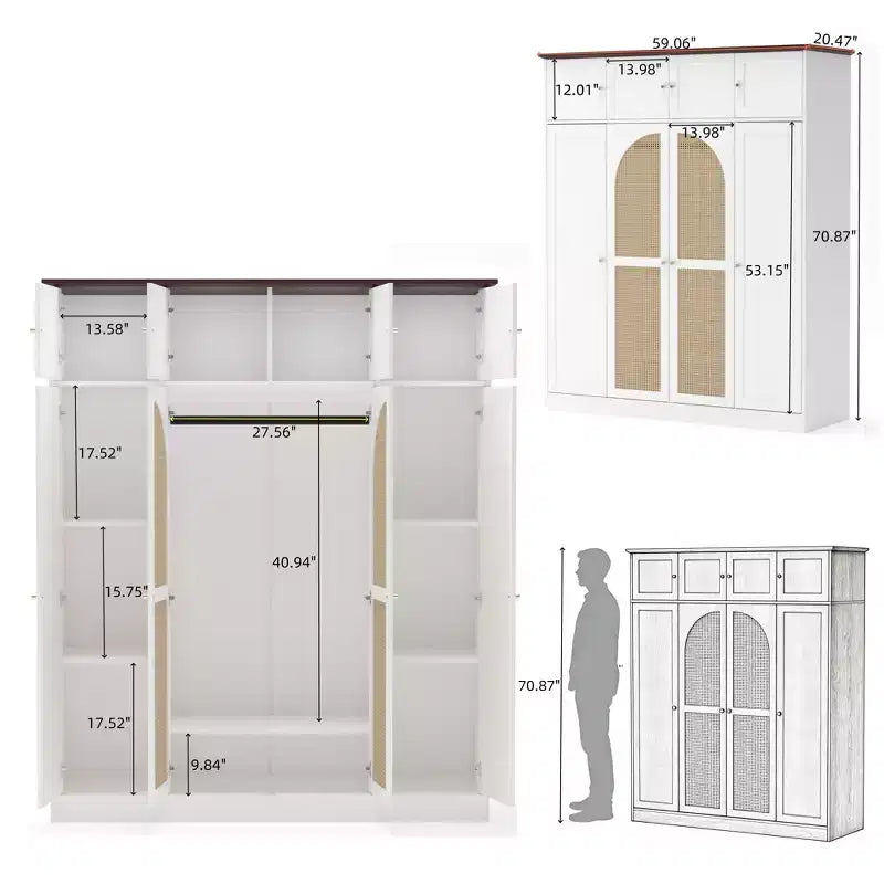 Grote kledingkast van 70.87 met 8 deuren, veel opbergruimte, kledingroede, verstelbare planken en decoratieve rotandeuren