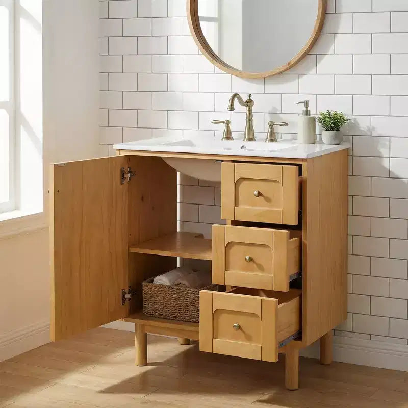 JVNOXK Keramik-Waschtischunterschrank, 30 Zoll, rustikal-modern, mit 3 Schubladen und 1 großen Tür mit Soft-Close-Funktion, Aufbewahrungsschrank, natürliche Holzmaserung