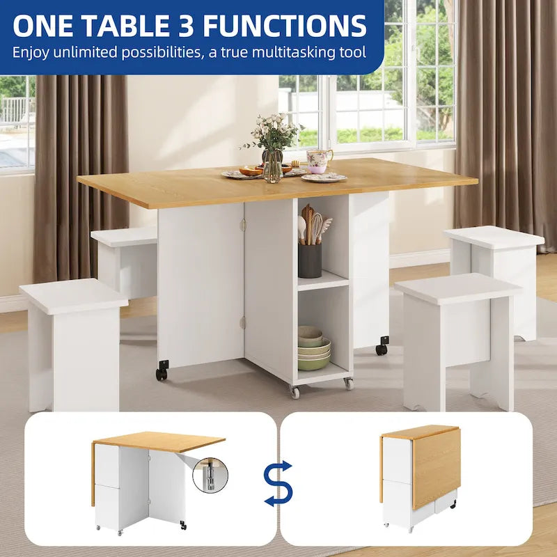 Set da pranzo pieghevole Moasis da 5 o 7 pezzi, con tavolo a ribalta e sgabelli contenitore per un massimo di 6 persone