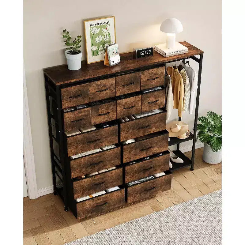 Commode avec 16 tiroirs, tringle de penderie et étagères, organisateur de rangement en tissu pour chambre, placard ou entrée
