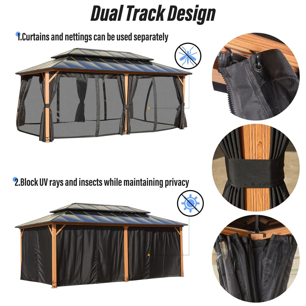 Gazebo EROMMY con tetto rigido, pergola da esterno con doppio tetto, rete e tende, copertura robusta per patio, giardino e feste in piscina