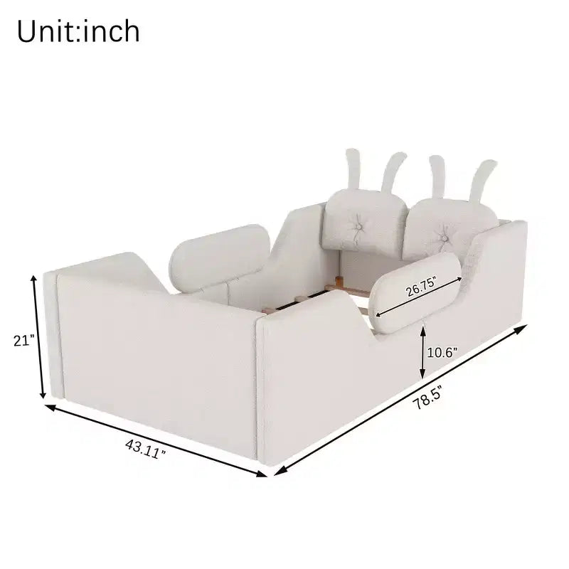 Lit plateforme simple Whisen, cadre de lit rembourré pour enfant au ras du sol avec coussin lapin et barrières latérales amovibles