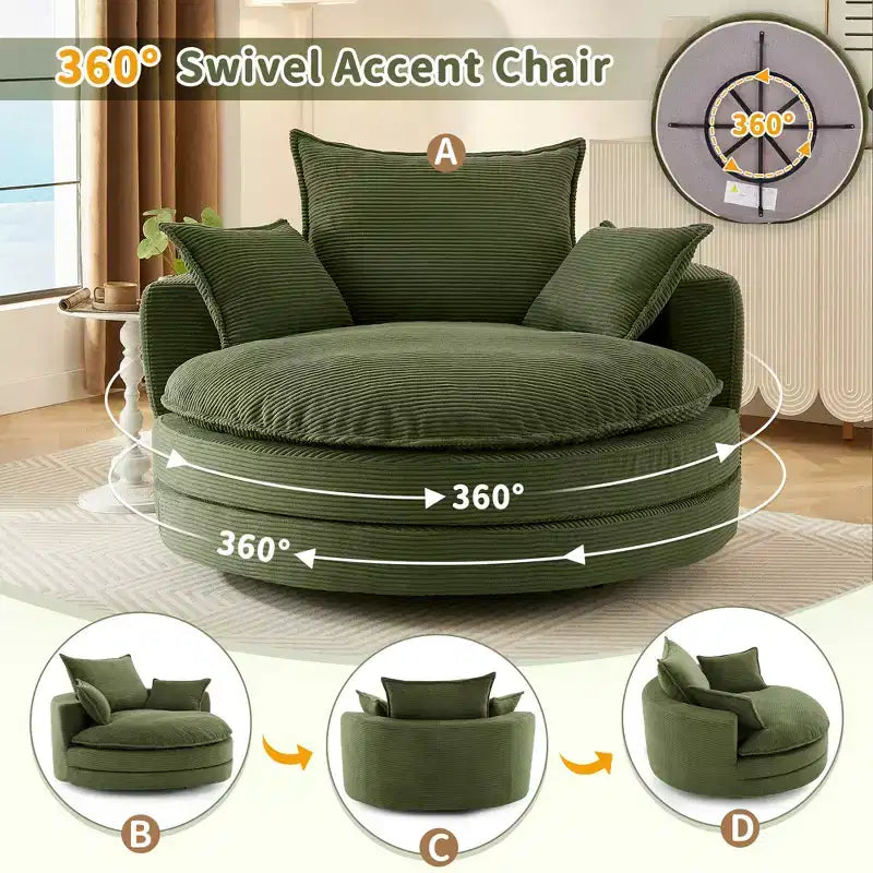 Fauteuil d’appoint pivotant à 360°, fauteuil tonneau rond pivotant avec coussin pour le salon