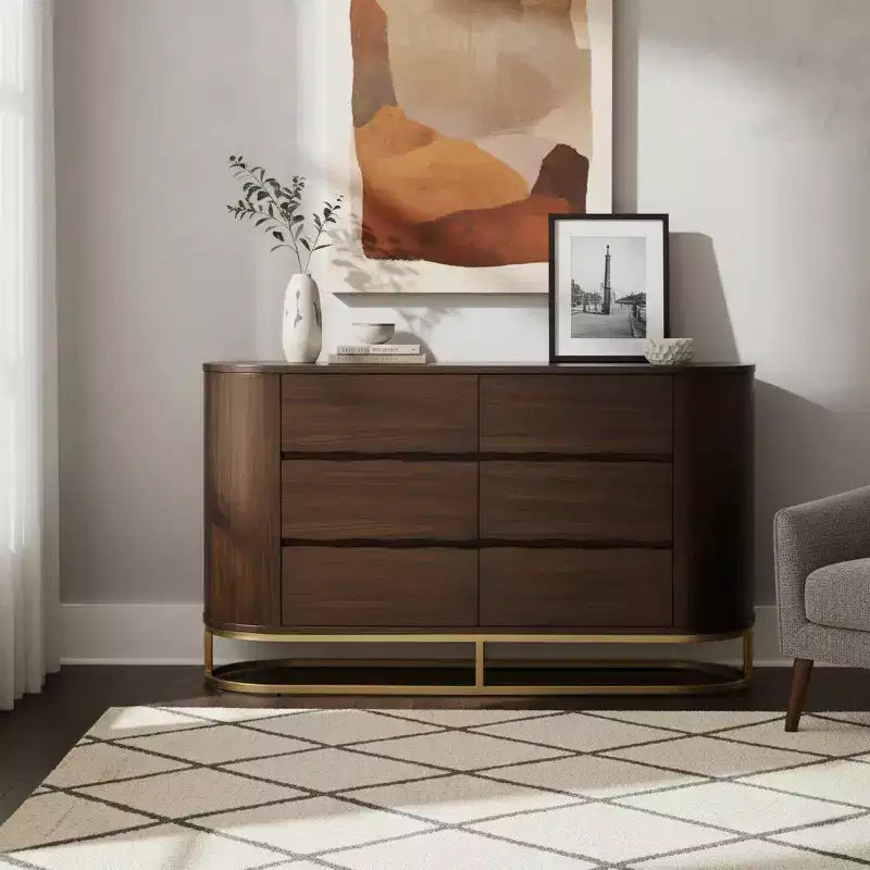 Commode moderne à 6 tiroirs avec bord naturel, piètement en métal et structure durable en bois mixte