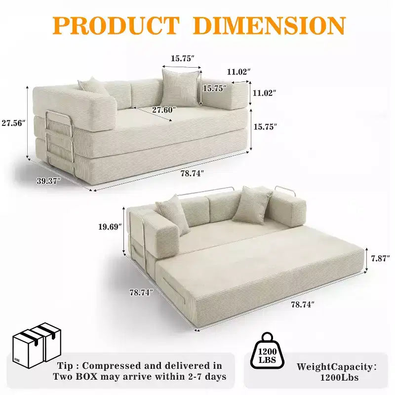 Dyonery canapé-lit pliant 78 en velours côtelé, convertible en lit, format king size, couchage au sol, canapé modulable 4-en-1 à combiner soi-même, confortable et dépliable.