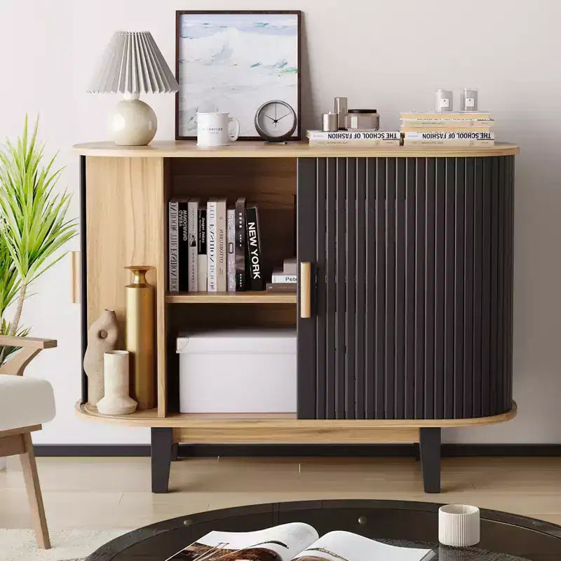 Buffet cannelé de 40', armoire de rangement avec porte coulissante et étagère réglable, meubles de rangement modernes, table console de bar à rideau