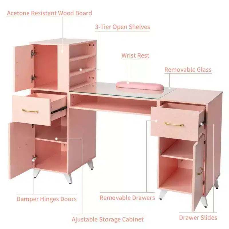 Zwart / roze moderne manicuretafel met glazen blad en polssteun, één werkplek
