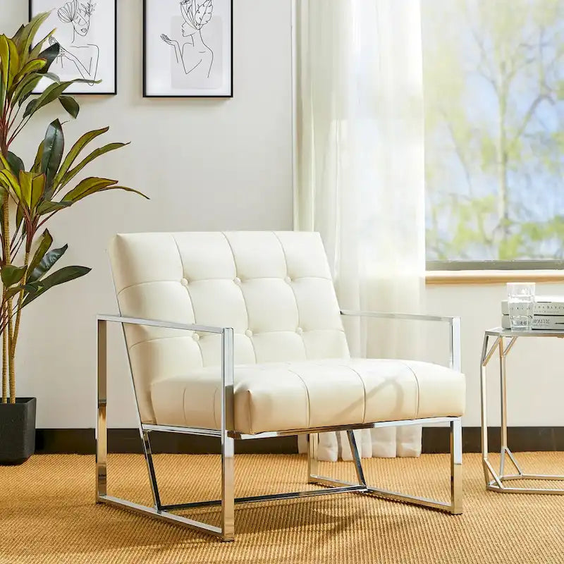 Glitzhome Akzentstuhl im Mid-Century-Stil, 30.50H, cremefarben, aus PU-Leder mit Knopfheftung und verchromtem Gestell