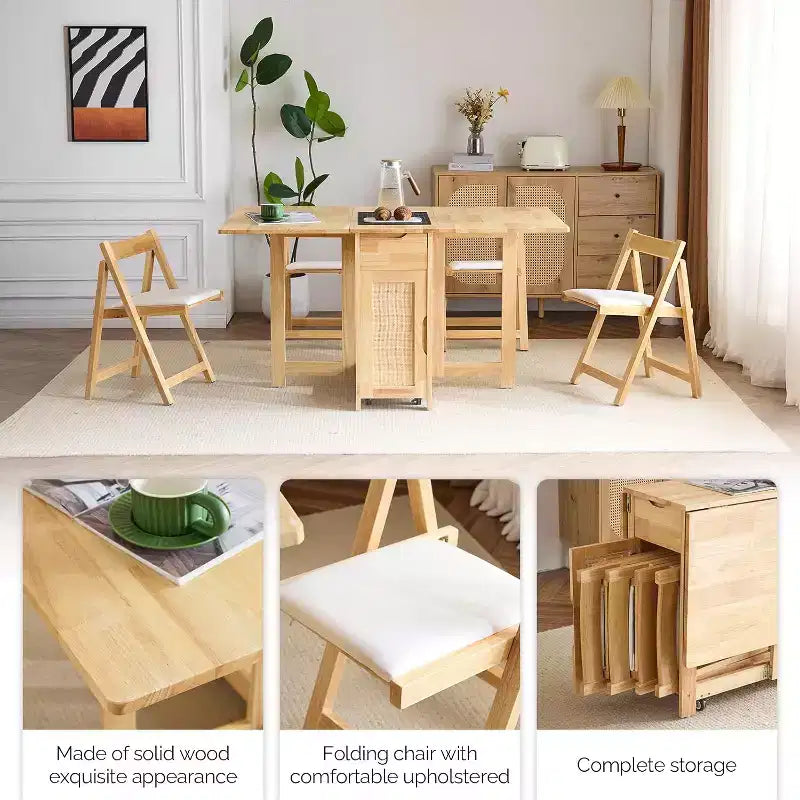 Ensemble table à manger pliante VINGLI, table extensible en bois massif à abattants avec 4 chaises, tiroirs et roulettes, gain de place pour la cuisine