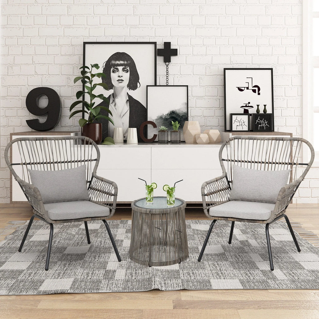 Ensemble bistro de jardin en osier de 3 pièces, ensemble de fauteuils de patio en rotin toutes saisons avec coussins
