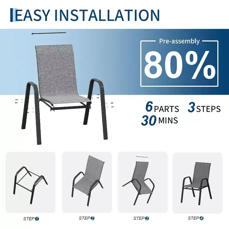 Chaises de patio, lot de 4/6 chaises de repas d’extérieur empilables et légères en textilène, toutes saisons, avec accoudoirs, pour la cour et le bord de la piscine