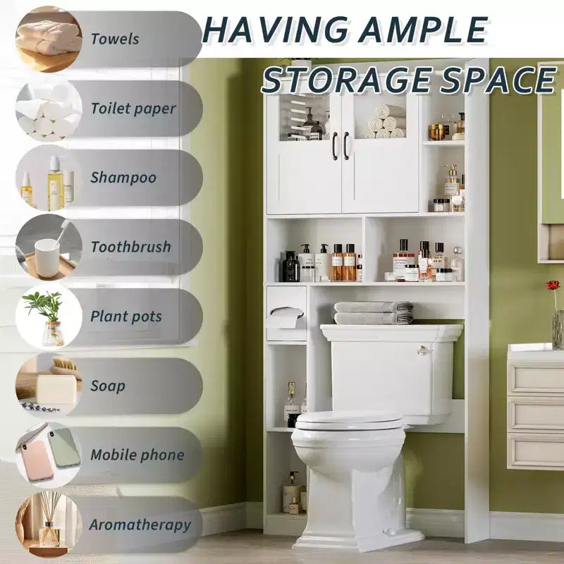 Mobile contenitore sopra il WC - 67.4 H, organizer e contenitore da bagno in stile rustico con ripiano regolabile e anta in vetro per bagno e lavanderia
