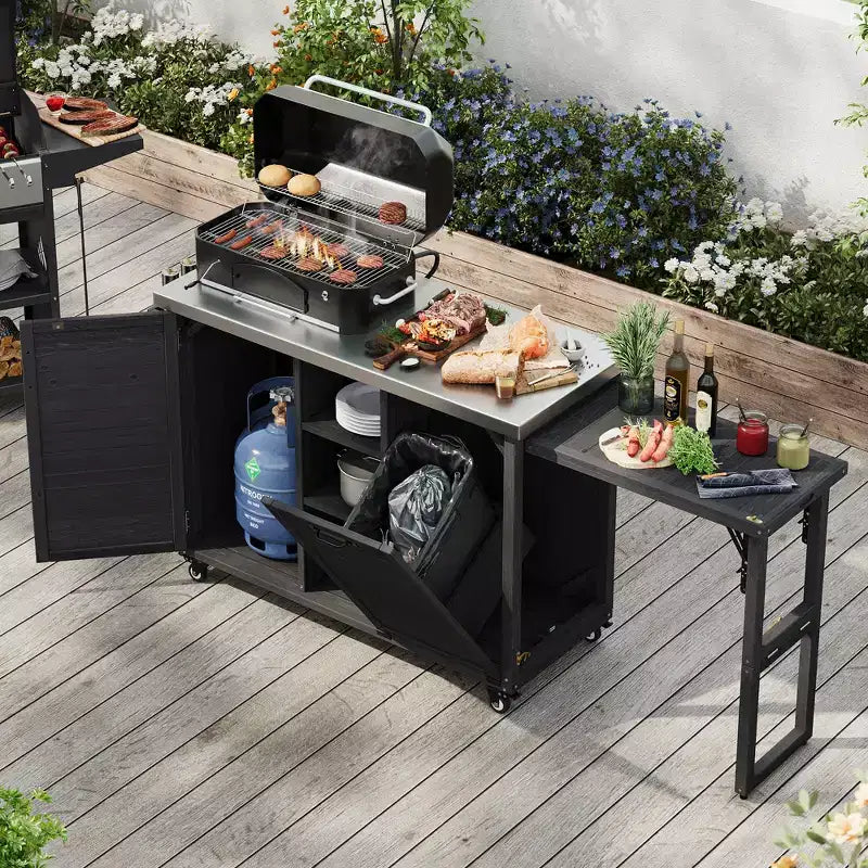 78.3-Zoll-Außenkücheninsel mit Arbeitsplatte aus Edelstahl, klappbarer Grillstation und Aufbewahrungsschränken, Schwarz