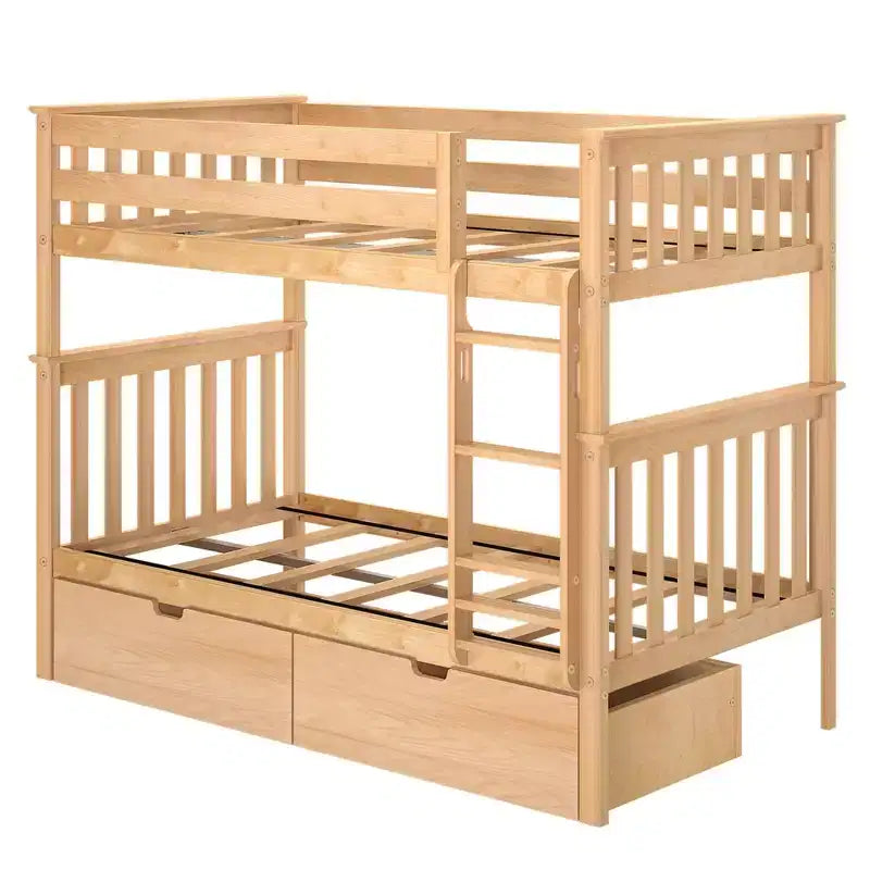 Letto a castello in legno massello per bambini, con due letti singoli sovrapposti e cassetti contenitori sotto il letto