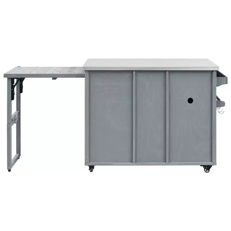 Îlot de cuisine d’extérieur FAMYYT de 78.3 pouces avec plan de travail en acier inoxydable, station de barbecue pliable et placards de rangement, bleu-gris