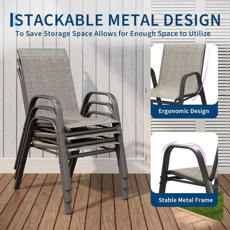 Chaises de patio, lot de 4/6 chaises de repas d’extérieur empilables et légères en textilène, toutes saisons, avec accoudoirs, pour la cour et le bord de la piscine