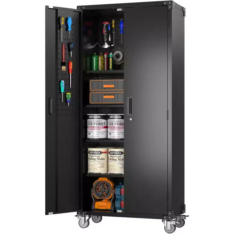 Armoire de rangement pour garage avec roulettes et panneau perforé, armoire métallique verrouillable de 72 H avec 2 portes et 4 étagères réglables pour atelier de garage