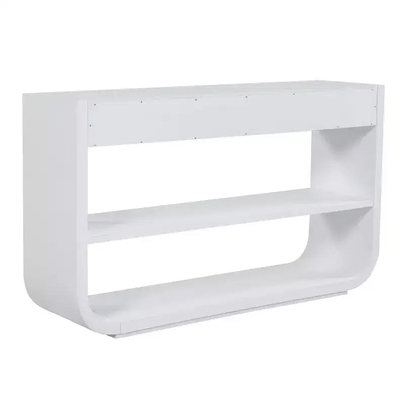 Tavolo consolle curvo ModernLuxe, tavolo d'ingresso, tavolino laterale per divano, espositore, tavolino d'accento con 3 cassetti a chiusura ammortizzata e 2 ripiani aperti