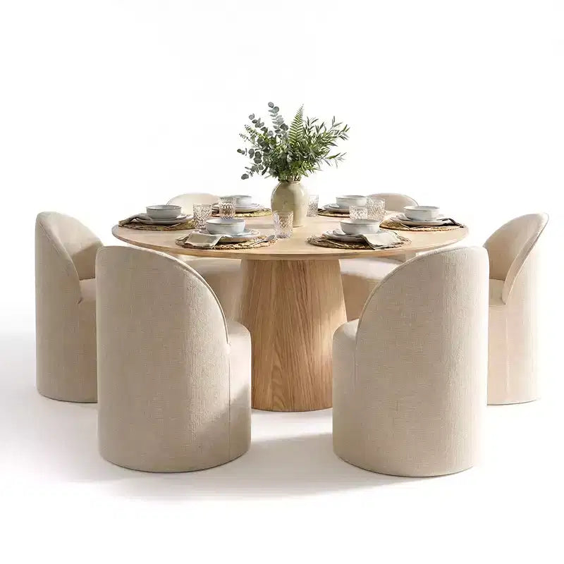 Moderne eethoek voor 6 personen, ronde eettafel met centrale voet, draaibare kuipstoelen op wieltjes, chenillestof met structuur - Panipeachy