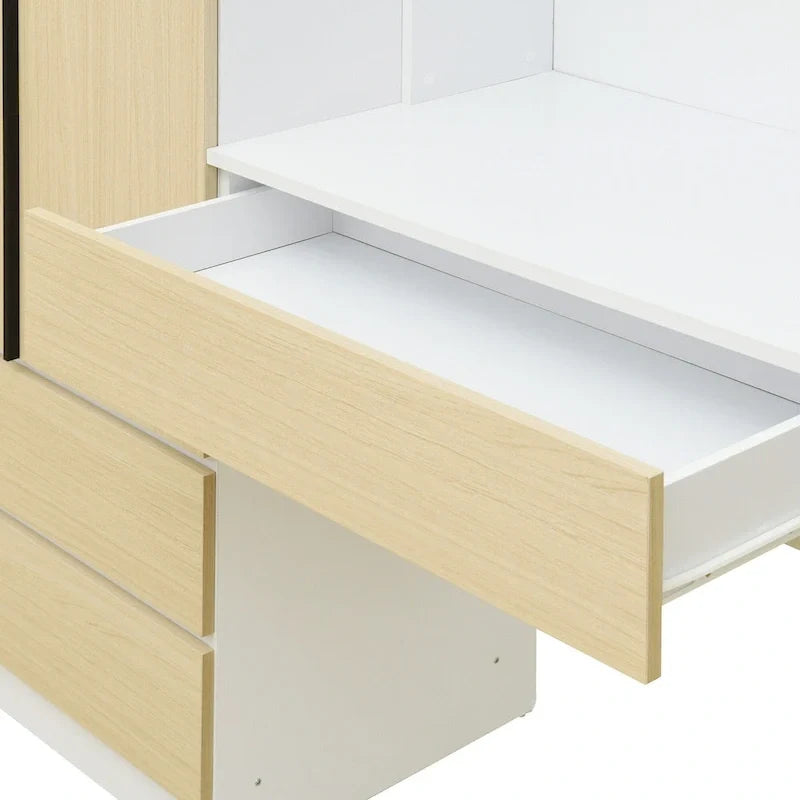 Armoire 3-en-1 avec coiffeuse et bureau, armoire de chambre avec 2 tiroirs et 3 portes de rangement
