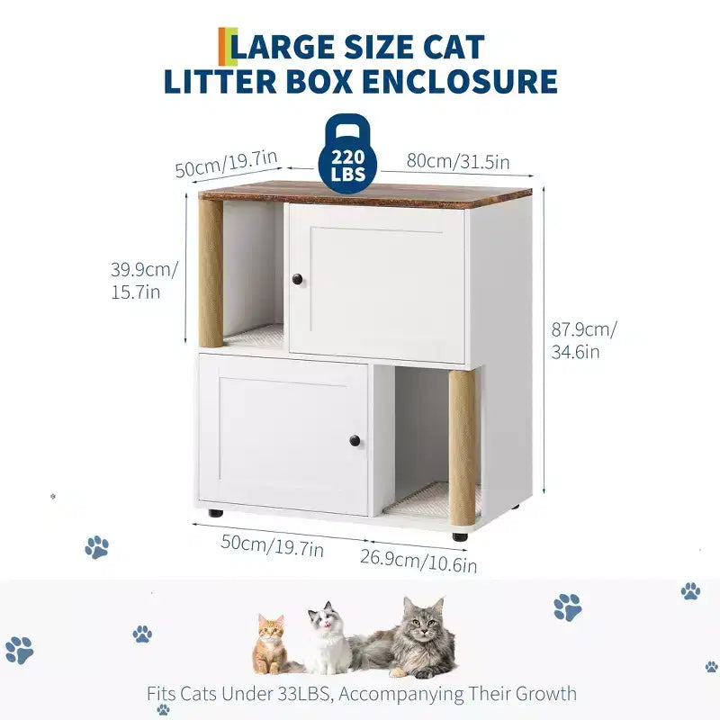 Katzentoiletten-Schrank mit zwei Bereichen, verstecktes geschlossenes Möbelstück für Katzentoiletten mit Kratzsäulen und doppellagigen Katzenstreumatten, Haustierhaus für den Innenbereich