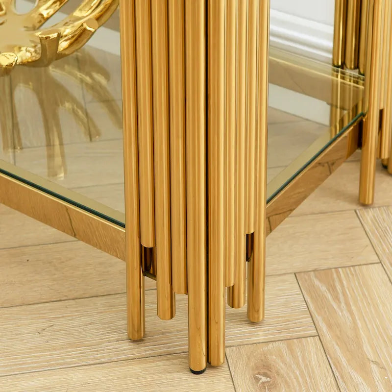 Table console étroite à 2 niveaux avec structure métallique finition or et plateau en verre trempé