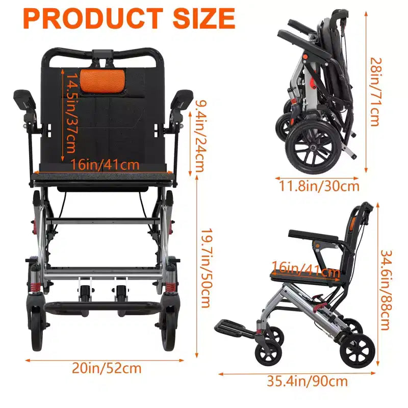 Fauteuil roulant de transport ultra léger pour personnes âgées, pliable et portable, avec frein à main verrouillable et accoudoirs rabattables amovibles