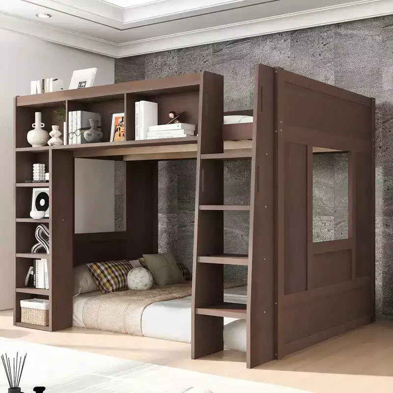 Struttura letto a soppalco in legno Whisen Queen Size con armadietti e ripiani contenitori