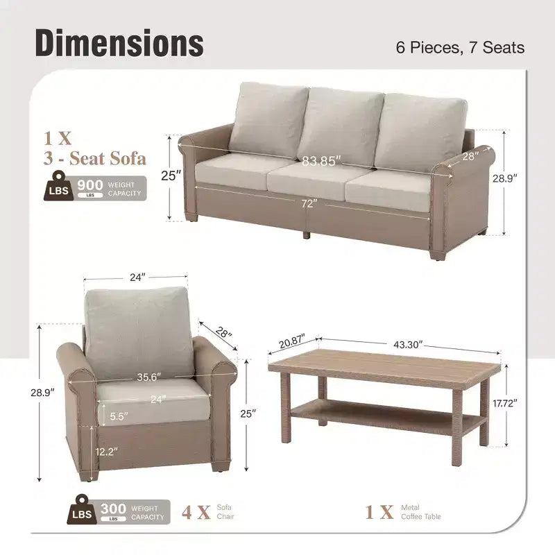 Set di divani da giardino in vimini di lusso Captiva Designs, 6 pezzi, con braccioli curvi e cuscini
