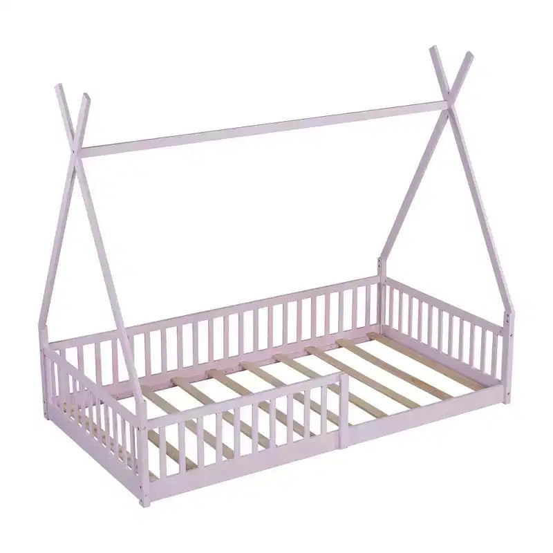 Vloerbed voor kinderen, tentbedden in eenpersoonsformaat, Montessori-vloerbed met latten en hekwerk, houten huisbedframe voor jongens en meisjes
