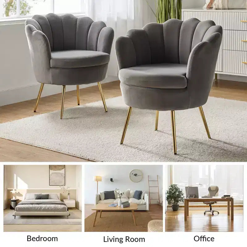 Fauteuil tonneau confortable avec pieds en métal doré, fauteuil d’appoint pour le salon