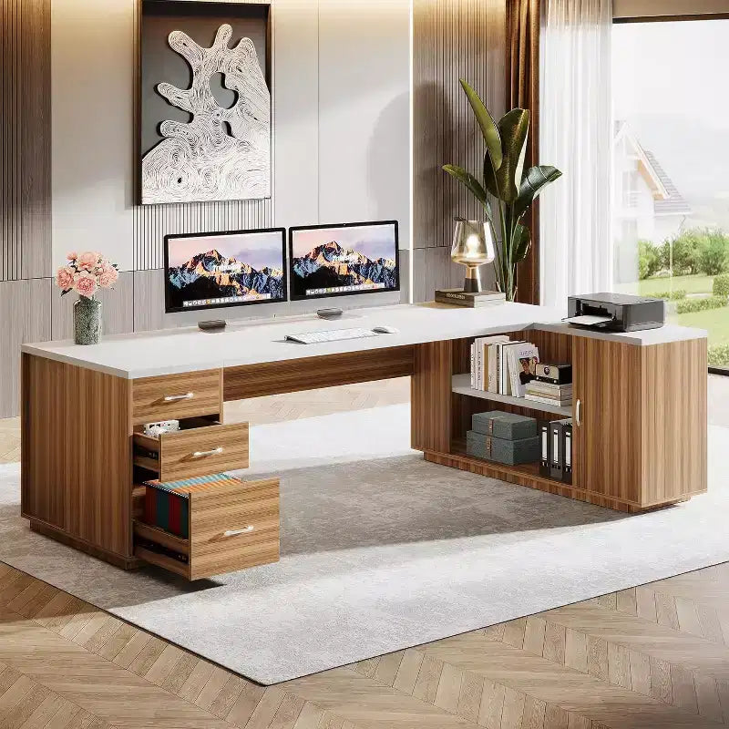 Lantine 85.8 L-vormig directiebureau, extra groot computerbureau voor kantoor met archieflades voor thuiskantoor