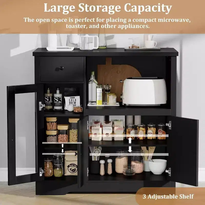 Mobile da cucina per microonde con vani contenitori, 3 ante, 1 cassetto e ripiani regolabili, dispensa