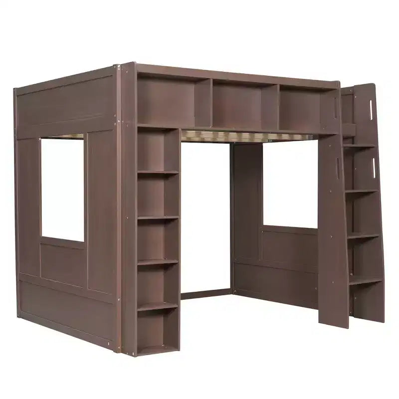Struttura letto a soppalco in legno Whisen Queen Size con armadietti e ripiani contenitori