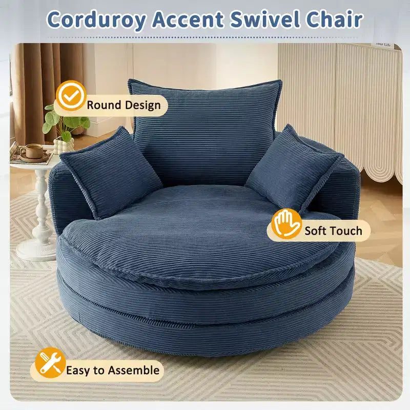 Fauteuil d’appoint pivotant à 360°, fauteuil tonneau rond pivotant avec coussin pour le salon