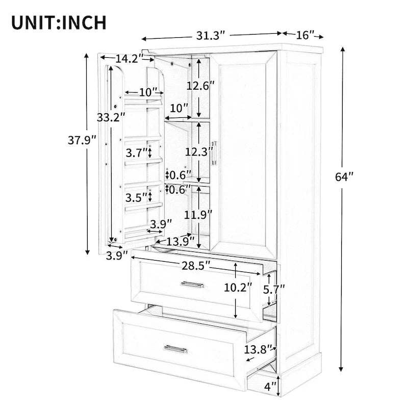 Mobiletto alto da bagno, con due ante e cassetti, ripiano regolabile, pannello MDF