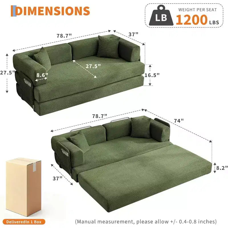5-in-1 slaapbank, modulaire corduroy slaapbank van 78.8 met stevig frame, multifunctionele futon voor kleine ruimtes, woonkamer en logeerkamer