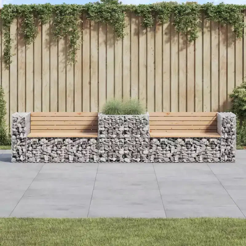 Panca da giardino con cestino in gabbione, legno naturale e argento